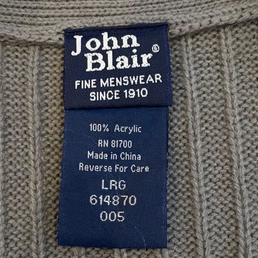 John Blair Sweater Mens Sz Large Gray Cardigan Cable Knit pockets Grandpa *READ*
